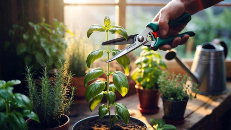 Illustration of [hands using clean secateurs to cut herb stems above a leaf node to encourage fuller, more fragrant regrowth]