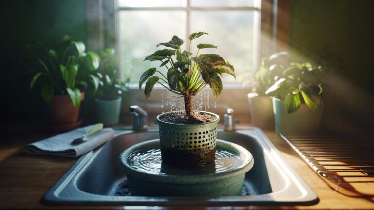 Illustration of a wilting houseplant set in a basin for bottom watering, nursery pot partially submerged, bubbles escaping as the rootball rehydrates