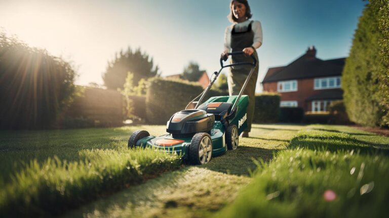 Illustration of mowing the lawn in mid-morning (9 a.m.–11 a.m.) for a greener lawn