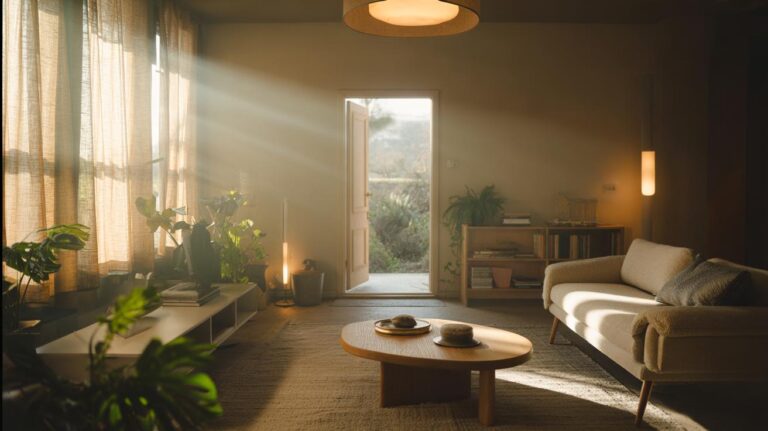 Illustration of a calm living room arranged to reduce stress, with the sofa backed by a wall and a clear sight line to the door, uncluttered pathways, warm layered lighting, soft textures, and houseplants