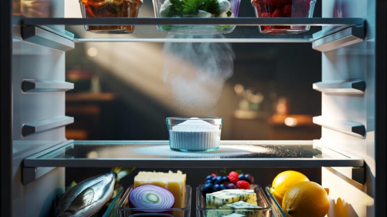 Illustration of a shallow dish of bicarbonate of soda on a fridge shelf neutralising lingering fridge odours