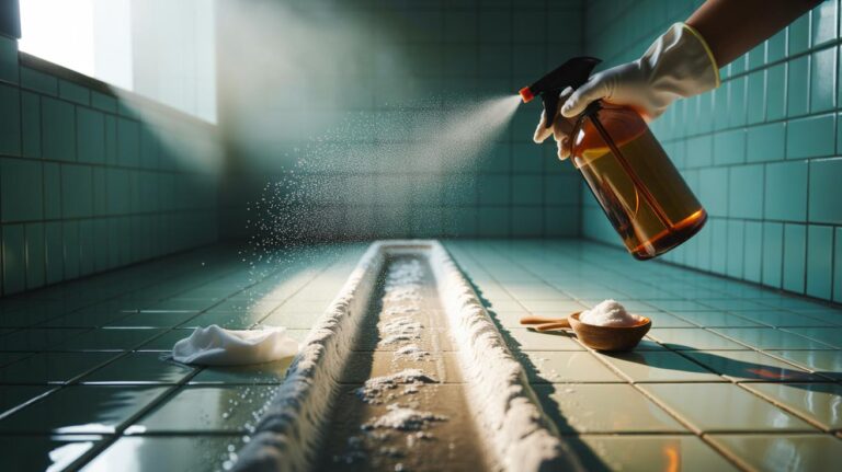 Illustration of baking soda paste applied to tile grout and activated with a light vinegar mist to lift grime without scrubbing