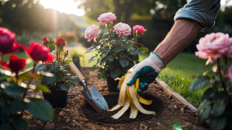 Illustration of [banana peels being applied as organic fertiliser around blooming rose bushes]
