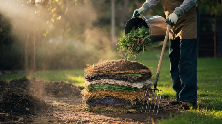 Illustration of a garden compost bin built with alternating brown and green layers to speed natural decomposition