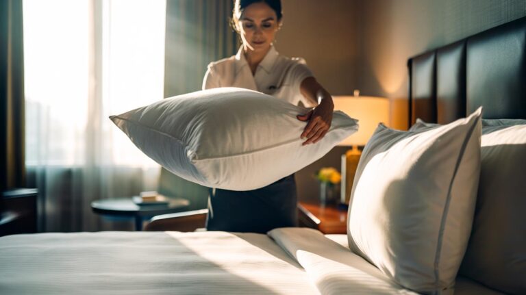 Illustration of a hotel housekeeper fluffing a pillow to keep the bed looking fresh all day
