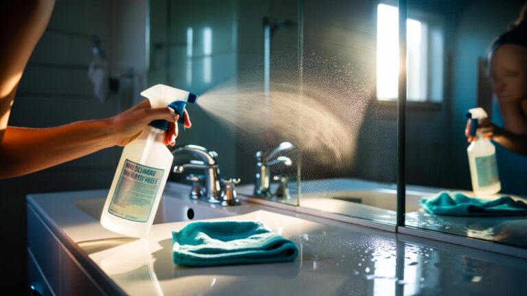 Illustration of a person cleaning a bathroom mirror with a white vinegar and distilled water spray and a microfiber cloth for a streak-free finish