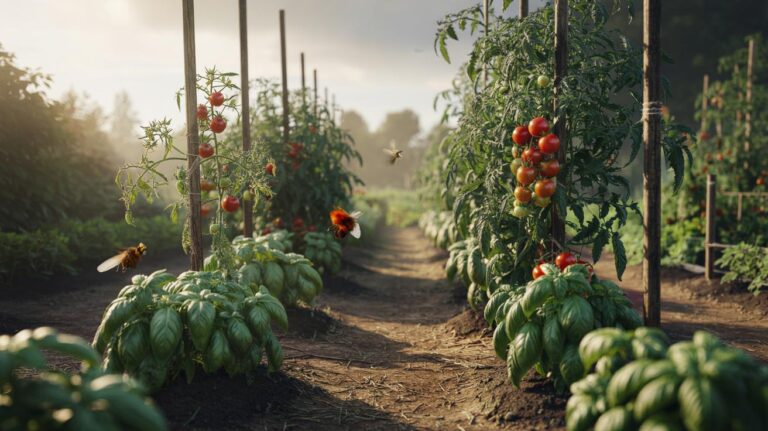 Illustration of basil planted beside tomato plants in a well-spaced garden bed, demonstrating companion planting