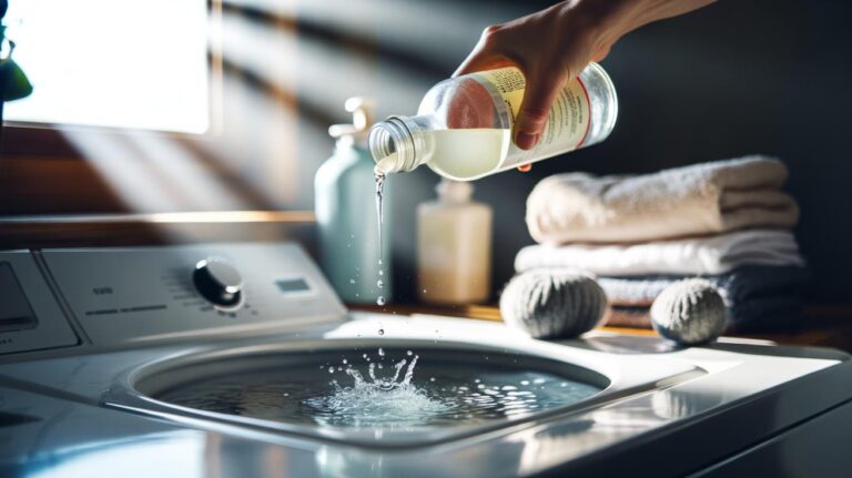 Illustration of a washing machine rinse drawer being filled with white vinegar instead of fabric softener during a weeklong laundry test