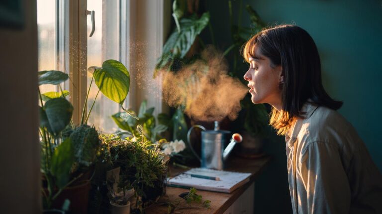 Illustration of a person gently talking to a houseplant to encourage faster growth