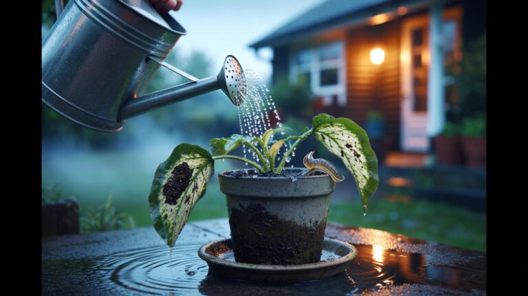 Illustration of evening watering of plants causing prolonged leaf wetness, increased disease pressure, and stunted growth